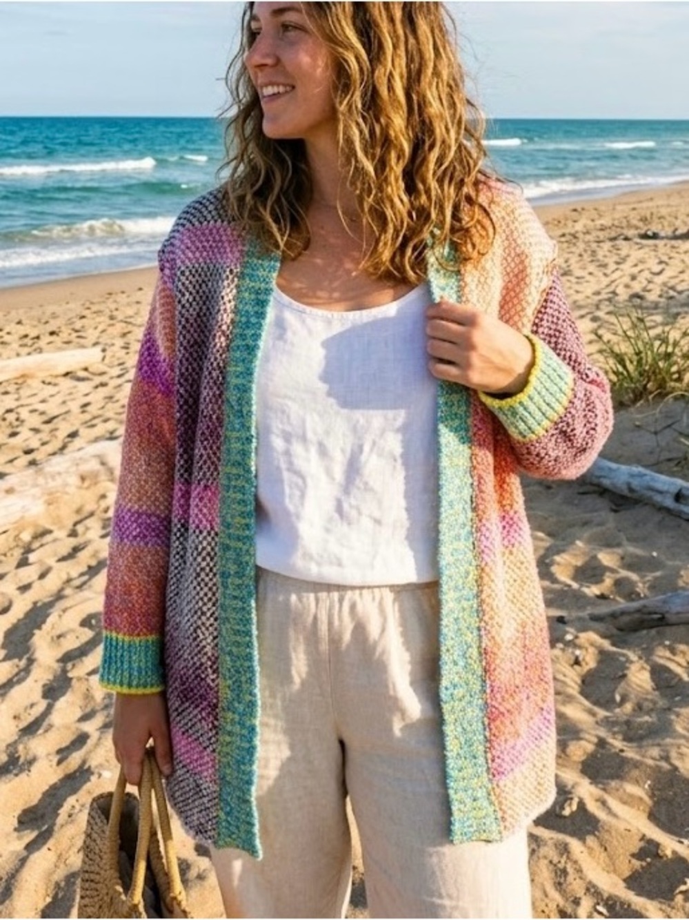Dex Clothing Patchwork Chunky Knit Cardigan Size Large Boho Whimsical Pastel